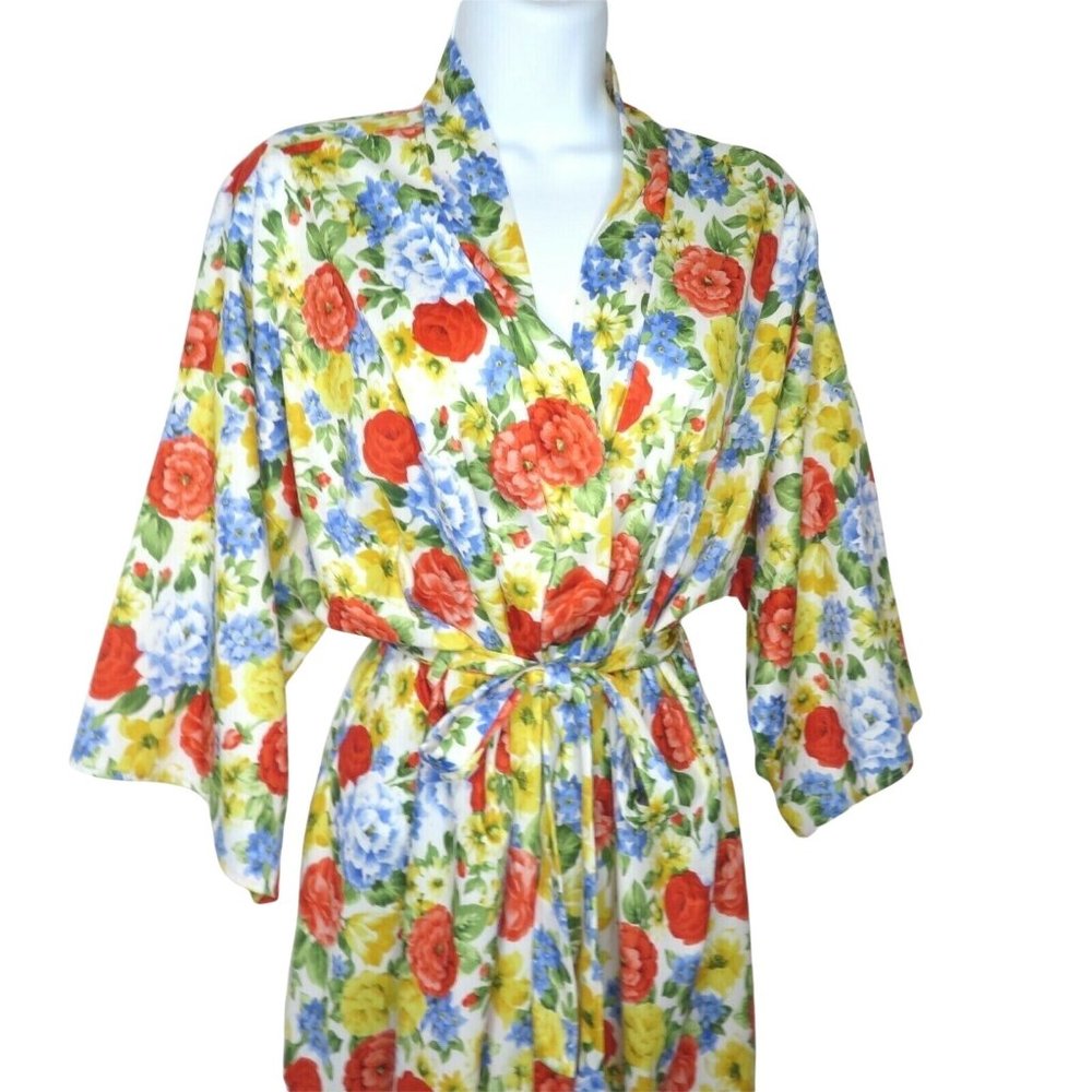 Vintage Nite Images Floral Kimono Dressing Robe S Multicolor Belted Lounge USA